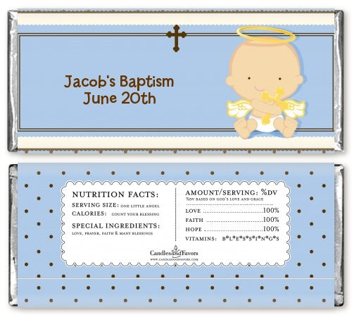Angel Baby Boy Caucasian - Personalized Baptism / Christening Candy Bar Wrappers