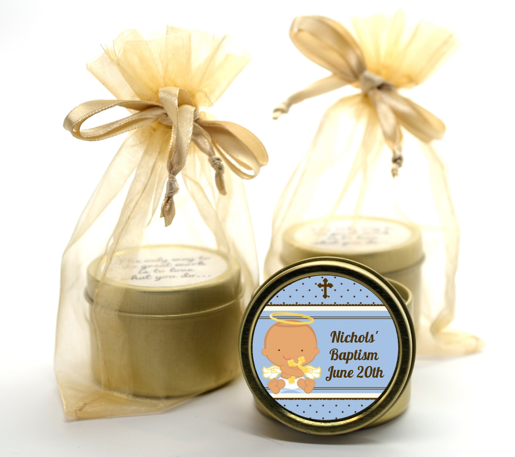 Angel Baby Boy Hispanic - Baptism / Christening Gold Tin Candle Favors