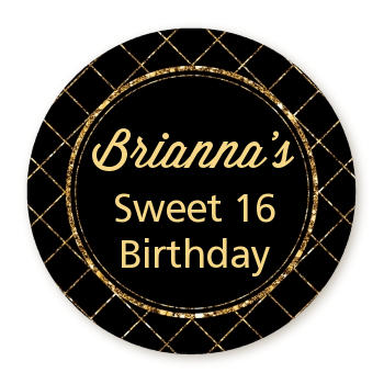 Black and Gold Glitter - Round Personalized Birthday Party Sticker Labels