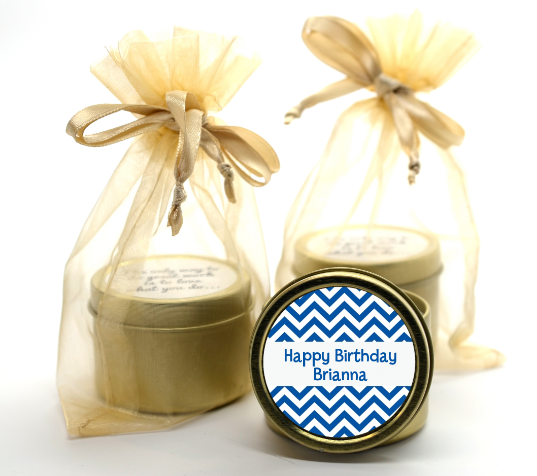 Chevron Blue - Birthday Party Gold Tin Candle Favors