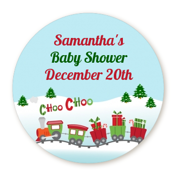 Choo Choo Train Christmas Wonderland - Round Personalized Baby Shower Sticker Labels