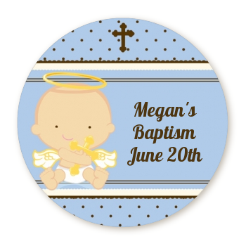 Angel Baby Boy Caucasian - Round Personalized Baptism / Christening Sticker Labels