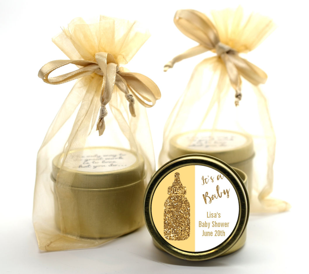 Gold Glitter Baby Bottle - Baby Shower Gold Tin Candle Favors