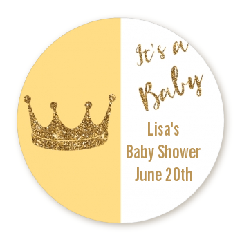 Gold Glitter Baby Crown - Round Personalized Baby Shower Sticker Labels