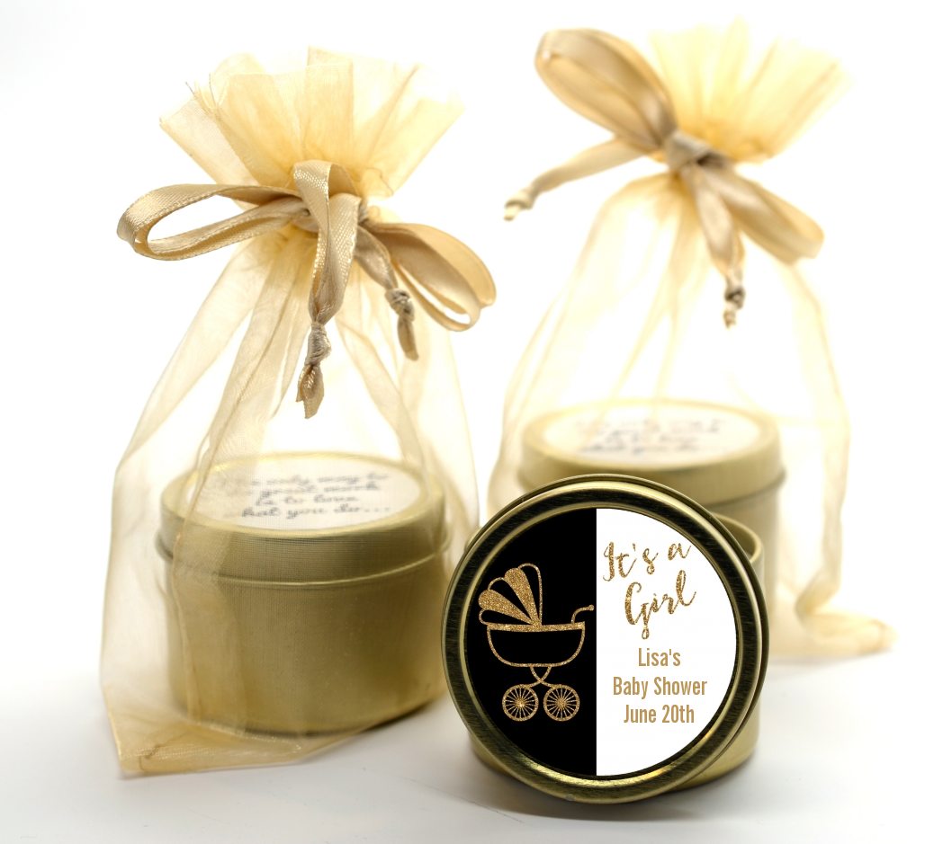 Gold Glitter Black Carriage - Baby Shower Gold Tin Candle Favors