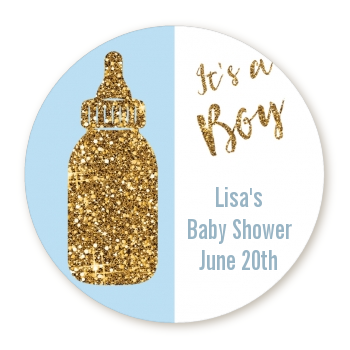 Gold Glitter Blue Baby Bottle - Round Personalized Baby Shower Sticker Labels