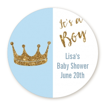 Gold Glitter Blue Crown - Round Personalized Baby Shower Sticker Labels