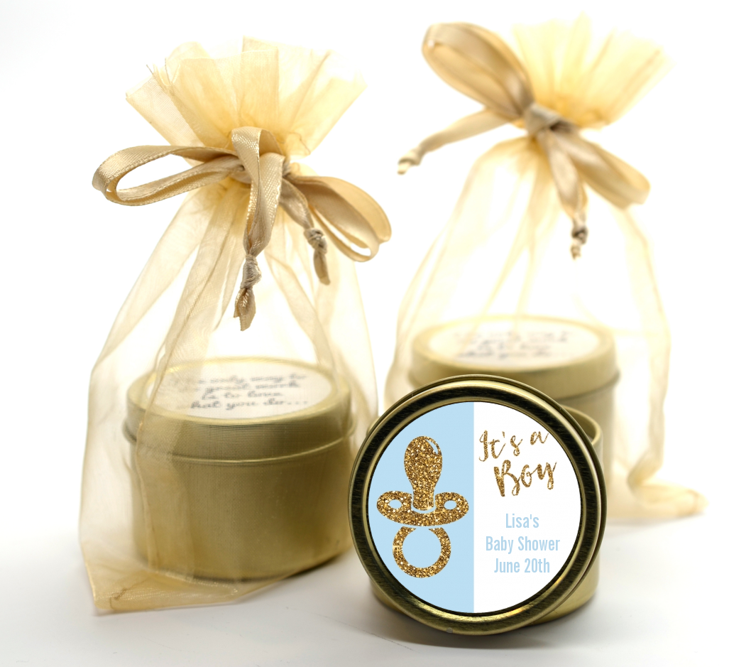 Gold Glitter Blue Pacifier - Baby Shower Gold Tin Candle Favors