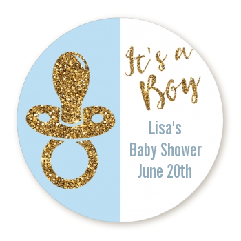 Gold Glitter Blue Pacifier - Round Personalized Baby Shower Sticker Labels