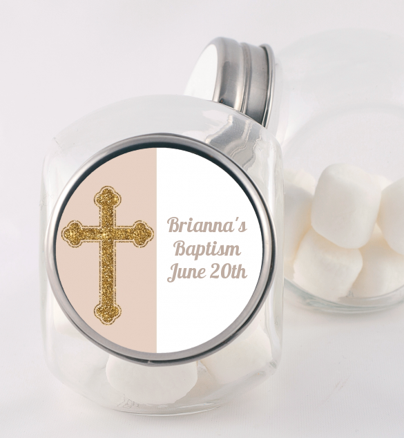 Gold Glitter Cross Beige - Personalized Baptism / Christening Candy Jar