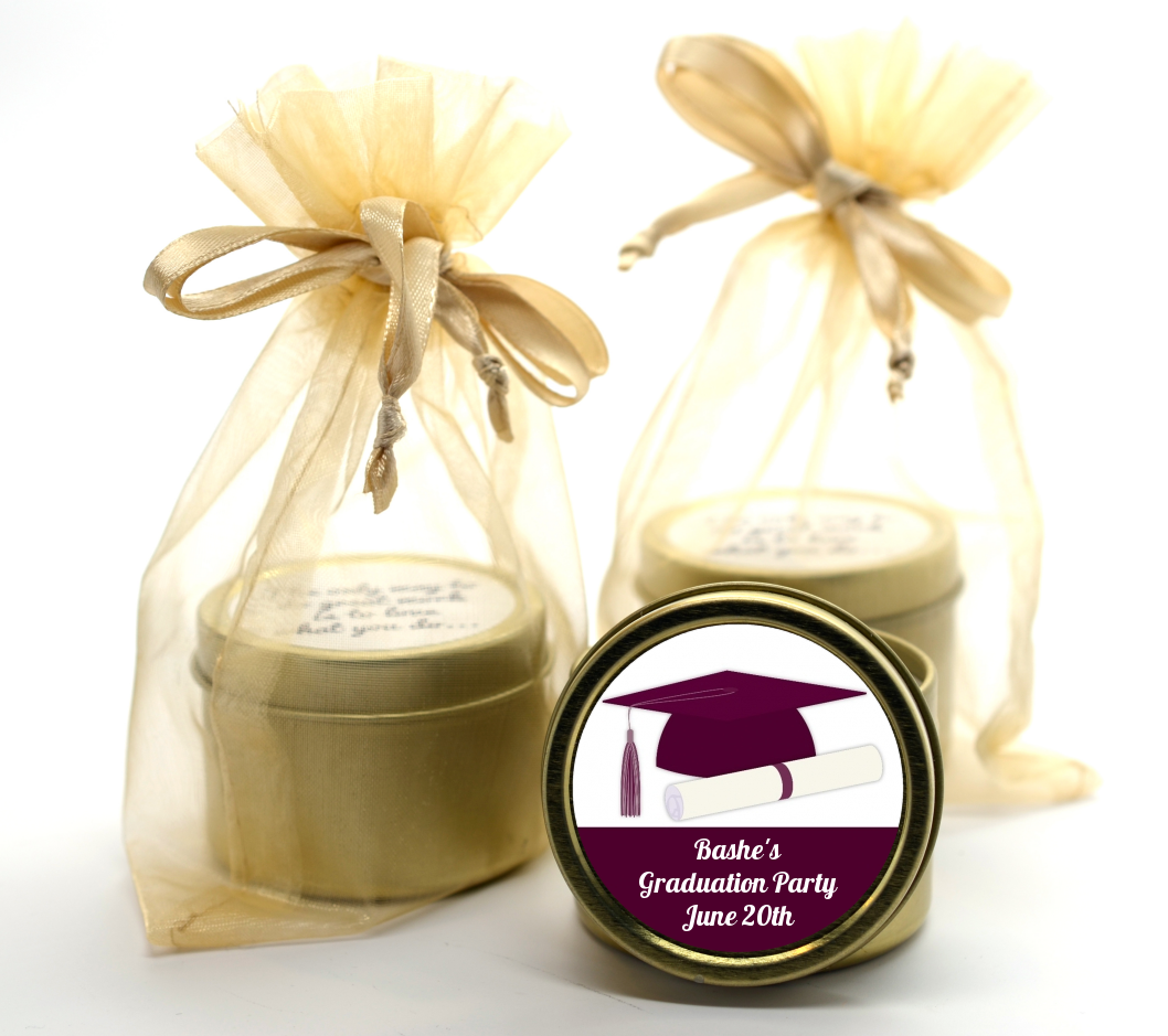 Graduation Cap Purple - Graduation Party Gold Tin Candle Favors