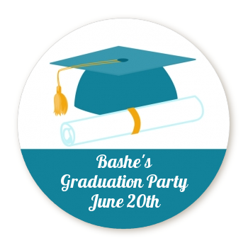 Graduation Cap Teal - Round Personalized Graduation Party Sticker Labels