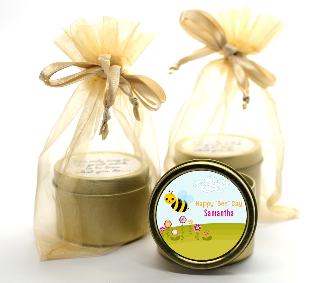 Happy Bee Day - Birthday Party Gold Tin Candle Favors