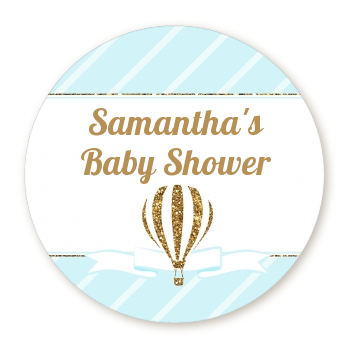 Hot Air Balloon Boy Gold Glitter - Round Personalized Baby Shower Sticker Labels