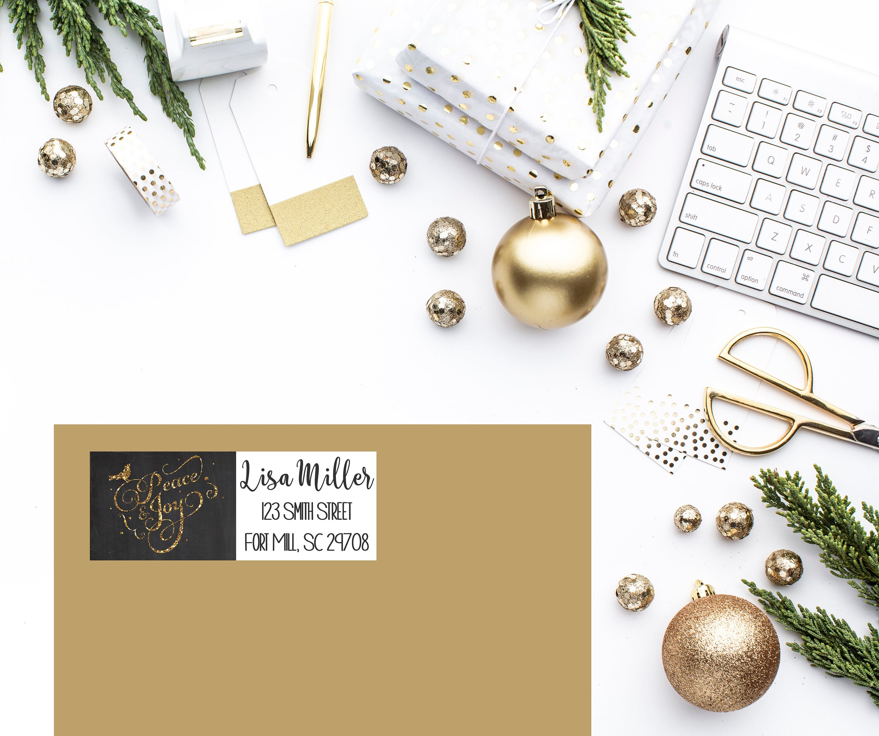 Christmas Return Address Labels, Personalized Holiday Address Stickers, Black Gold Glitter