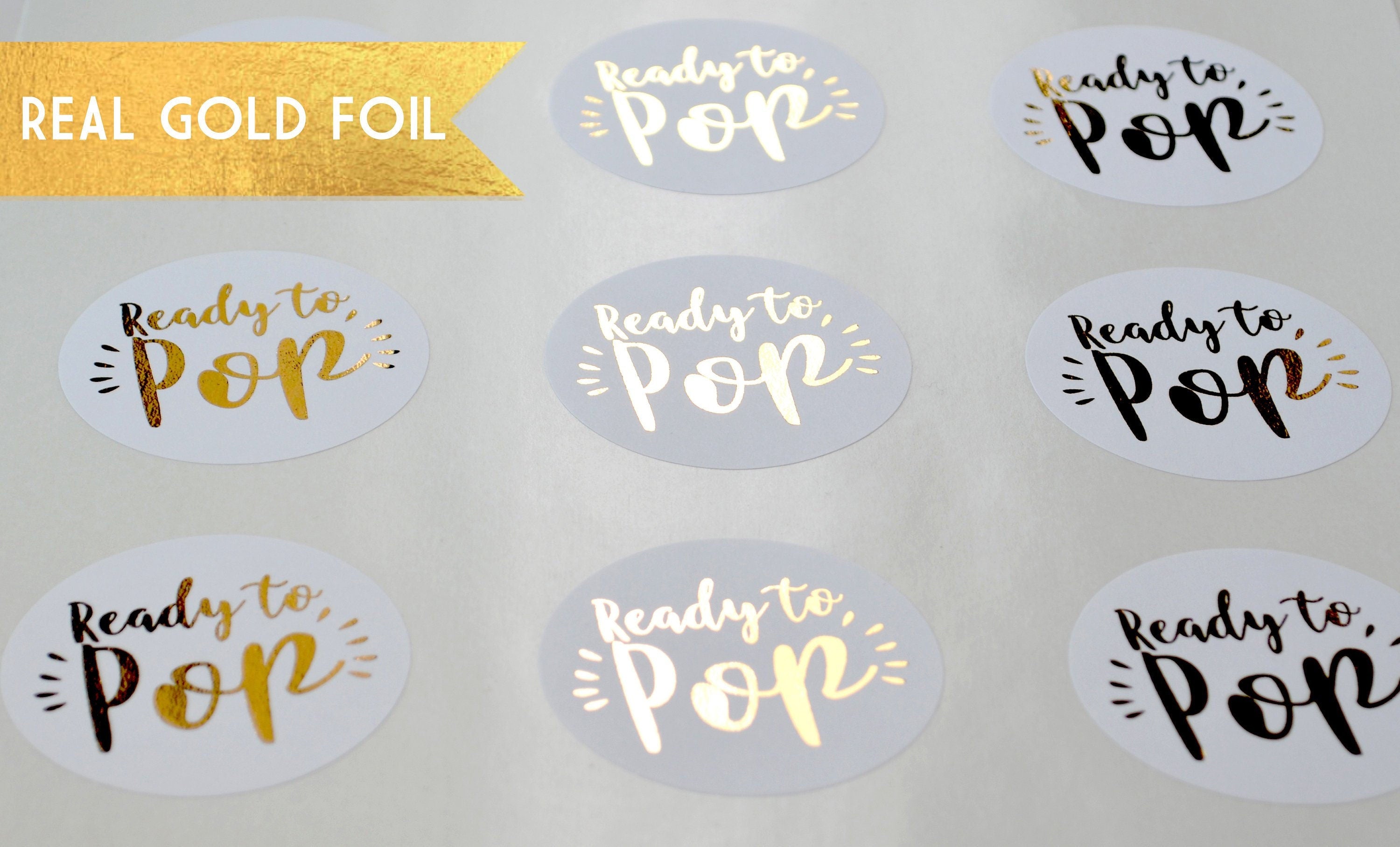 Ready To Pop Personalized Round Baby Shower Gold Sticker Labels - Round Gold Foil Stickers Ready To Pop Gold Round Sticker Labels