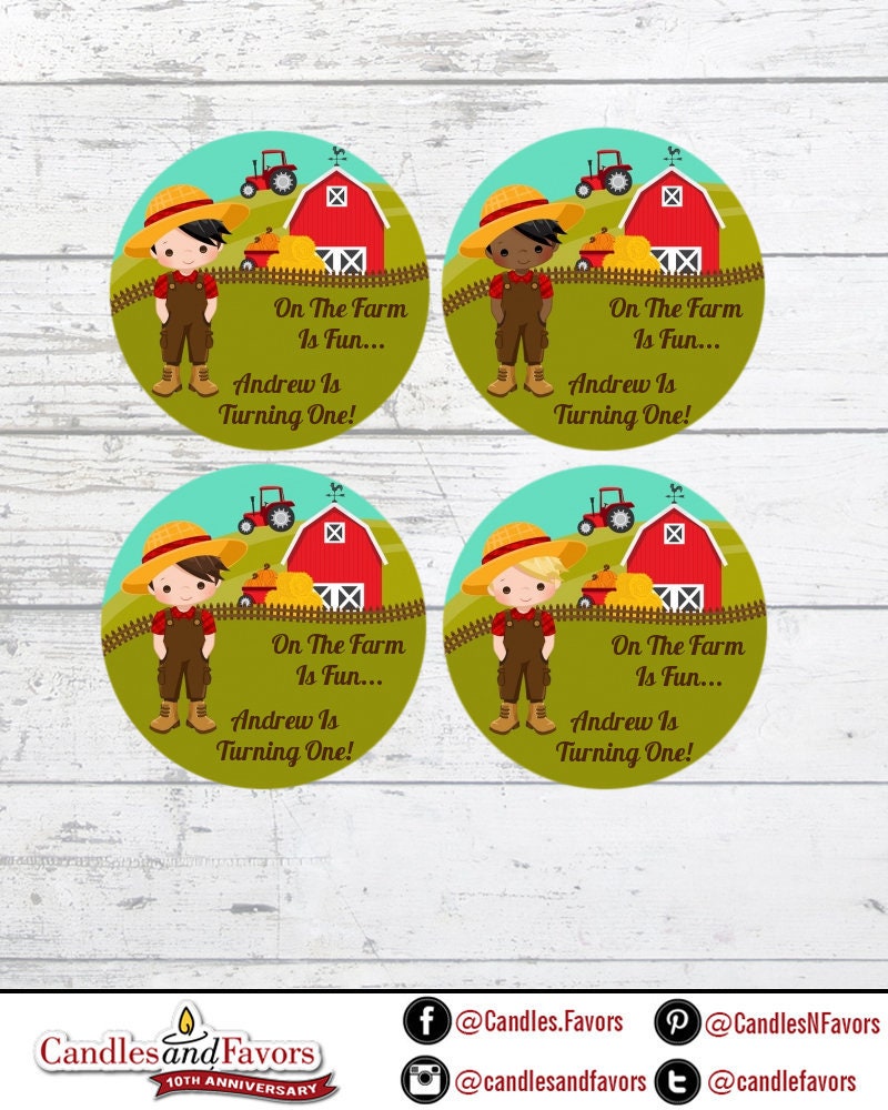 Country Boy Farm Birthday Party Favor Stickers, Happy Birthday Labels, Custom Birthday Party Favor Labels, Round Stickers