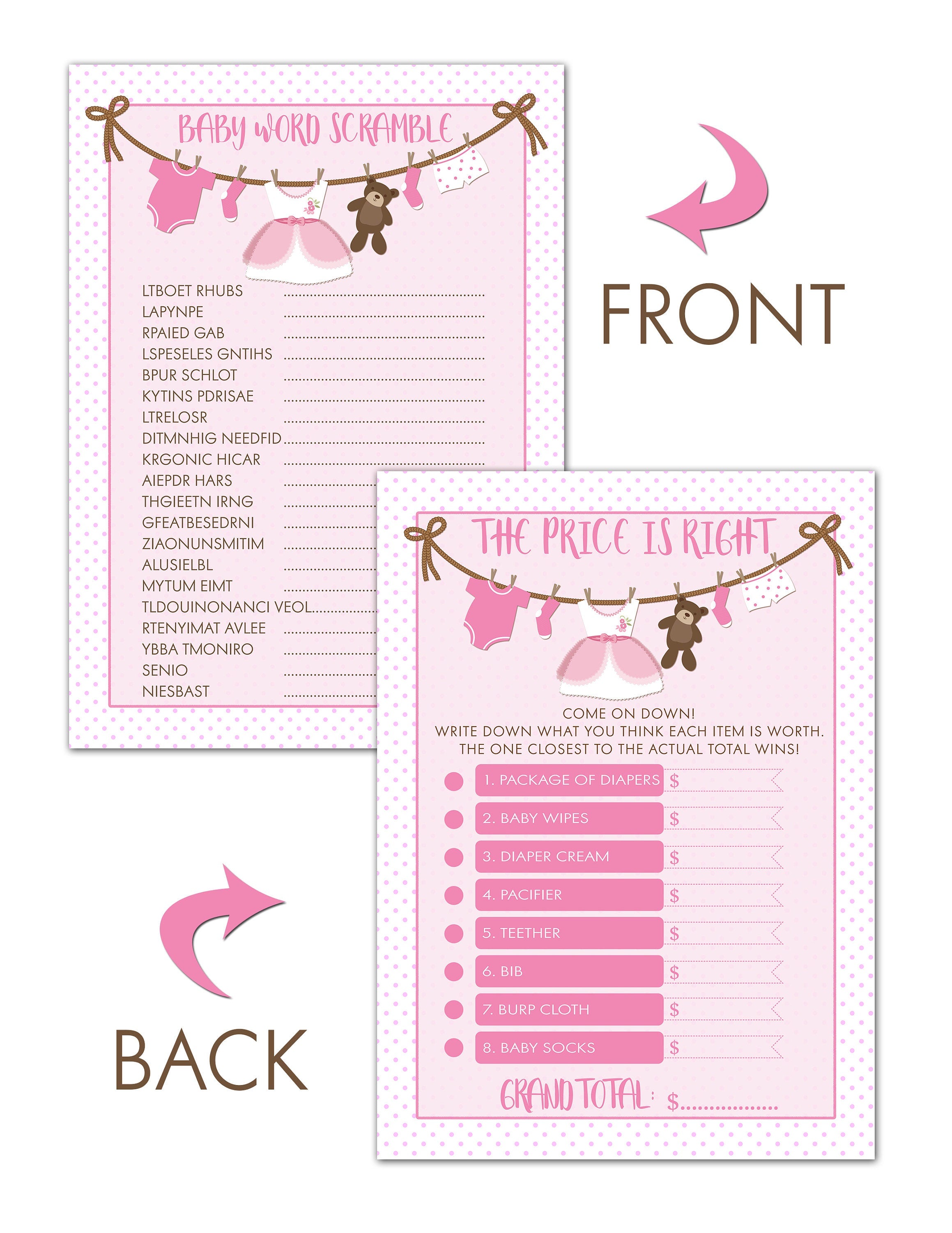 It's A Girl Baby Shower Game Bundle | 40 Cards | Baby Shower Price Is Right | Baby Shower Word Unscramble | Notes of Advice Wishes for Baby