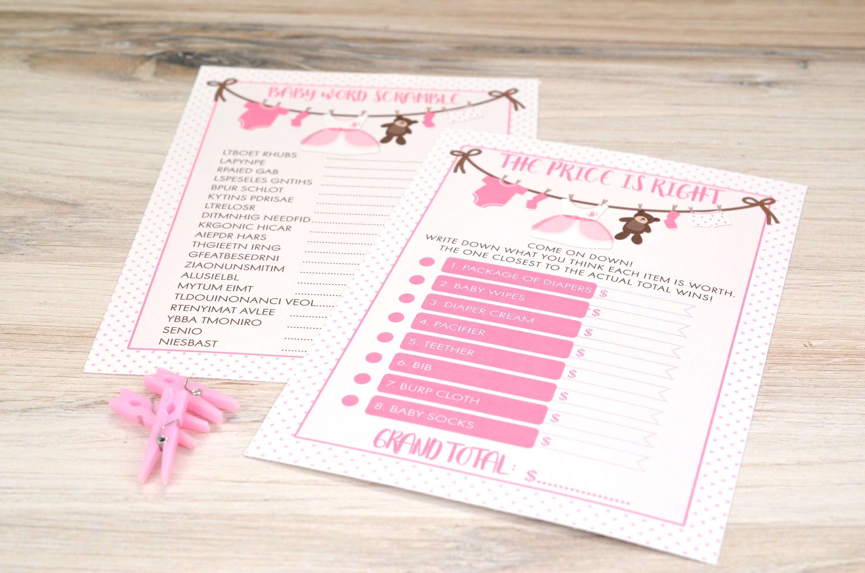 It's A Girl Baby Shower Game Bundle | 40 Cards | Baby Shower Price Is Right | Baby Shower Word Unscramble | Notes of Advice Wishes for Baby