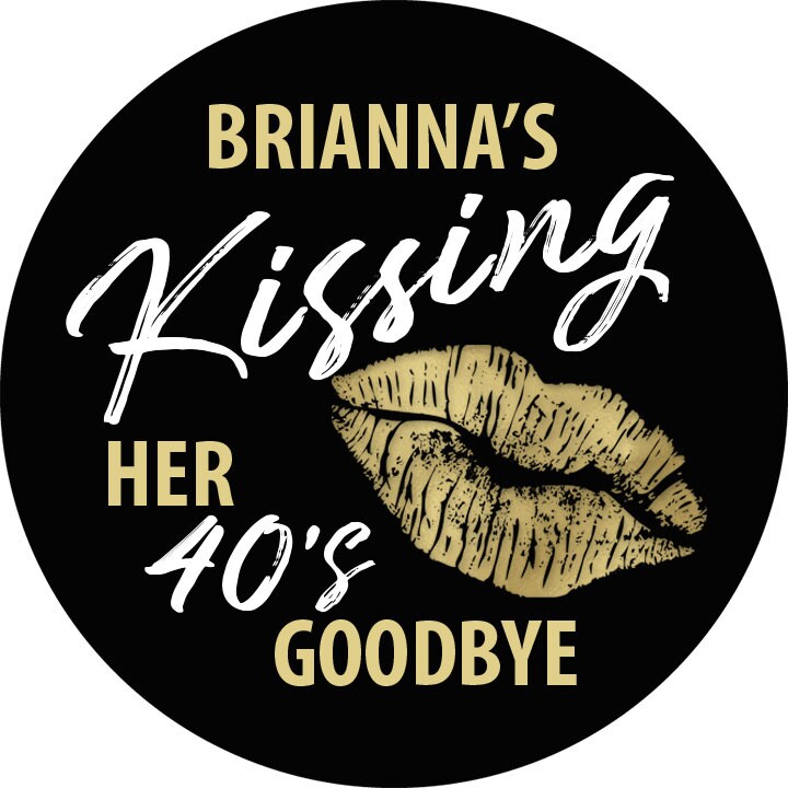 Kissing her 20s, 30s, 40s Goodbye Birthday Party Favor Stickers, Happy Birthday Labels, Custom Birthday Party Favor Labels, Round Stickers