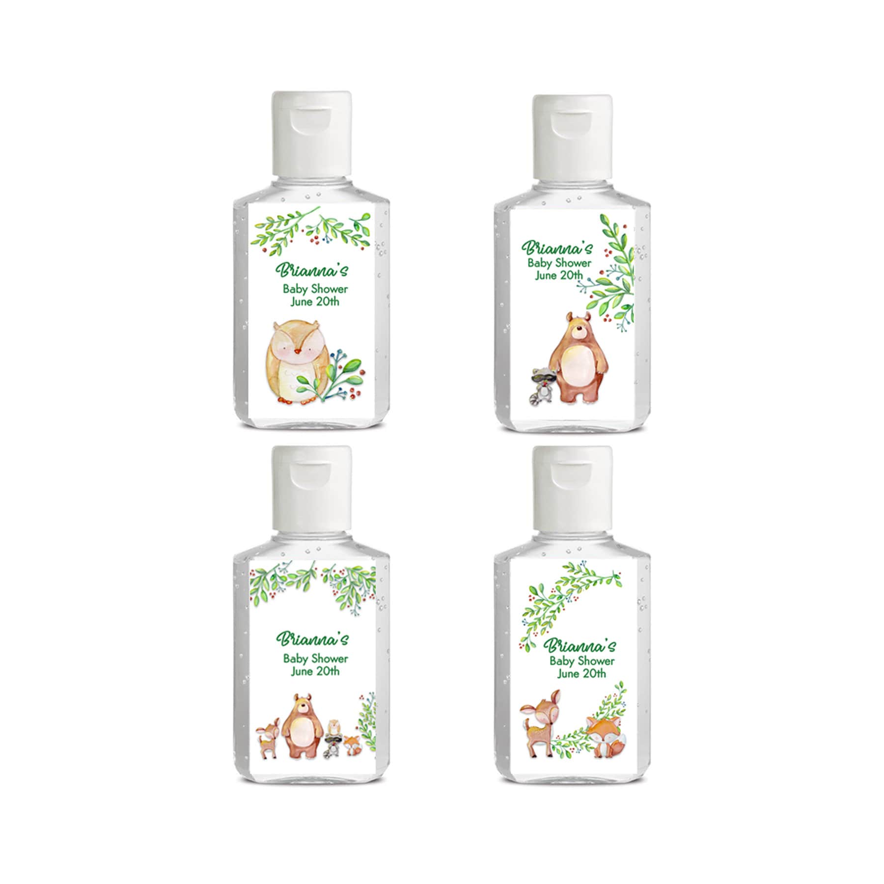 18 Woodland hand sanitizer baby shower favor labels, Rustic baby shower, Baby animal baby shower favor label, hand sanitizer favor label