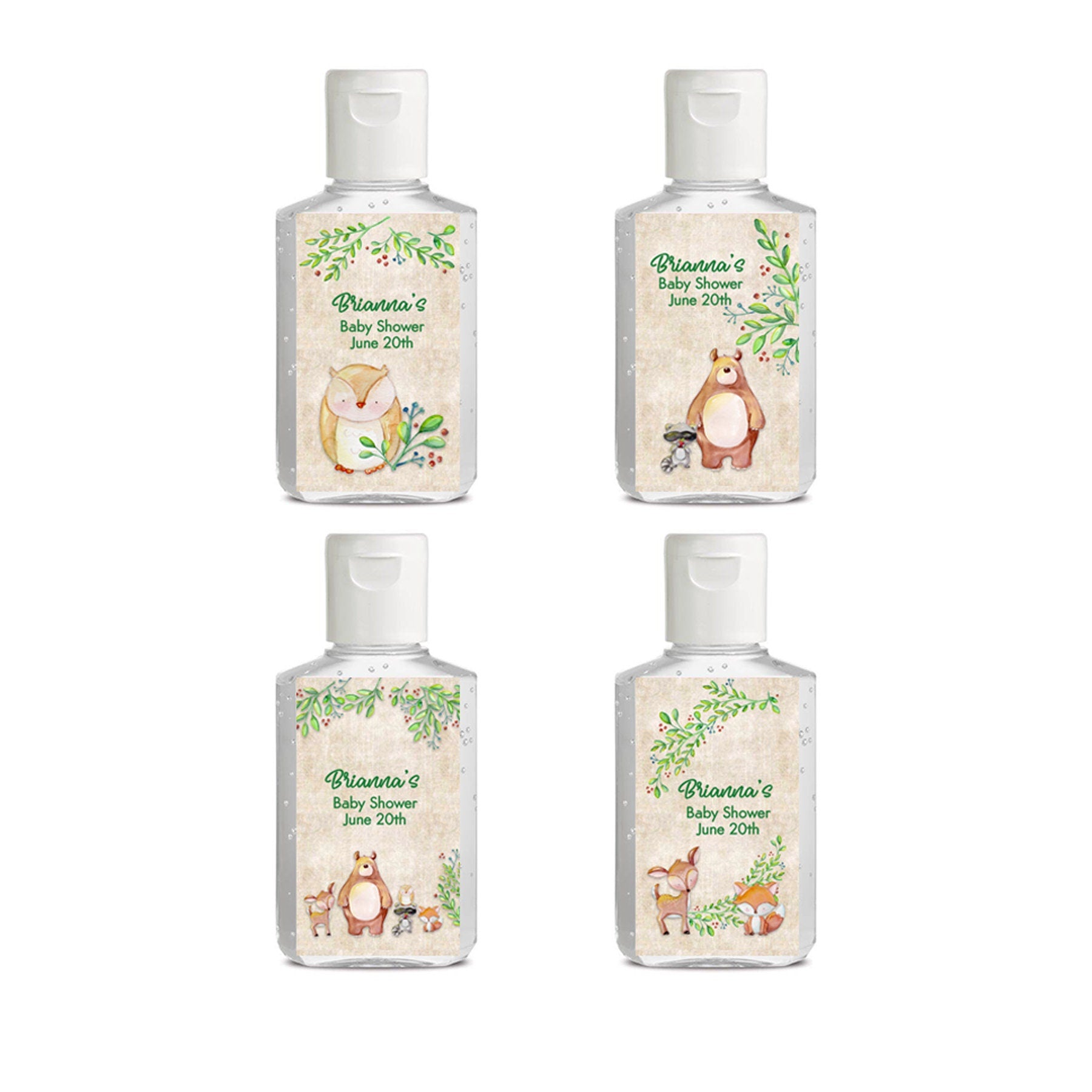18 Woodland hand sanitizer baby shower favor labels, Rustic baby shower, Baby animal baby shower favor label, hand sanitizer favor label