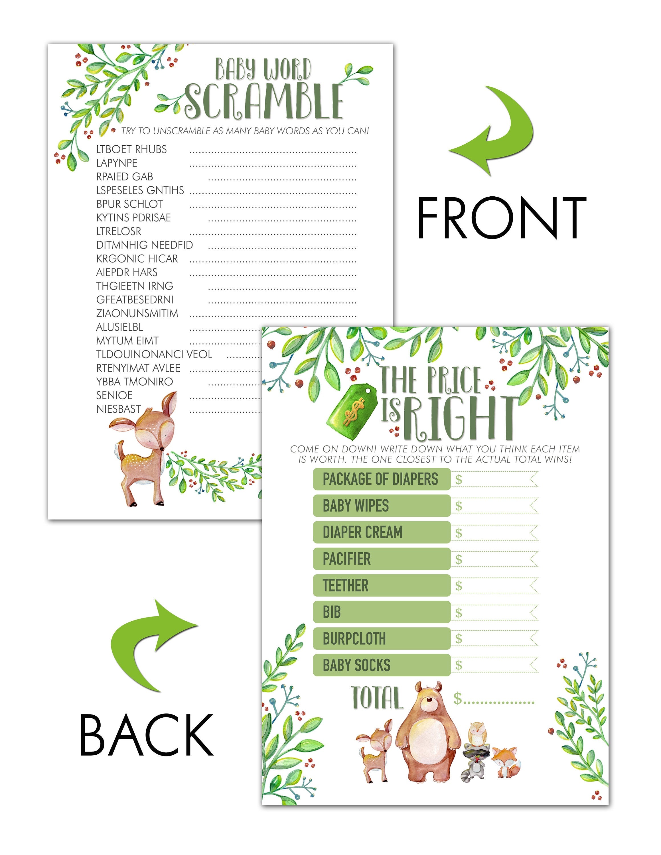 Woodland Animals Baby Shower Game | 40 Cards | Baby Shower Price Is Right | Baby Shower Word Unscramble | Notes of Advice | Wishes for Baby