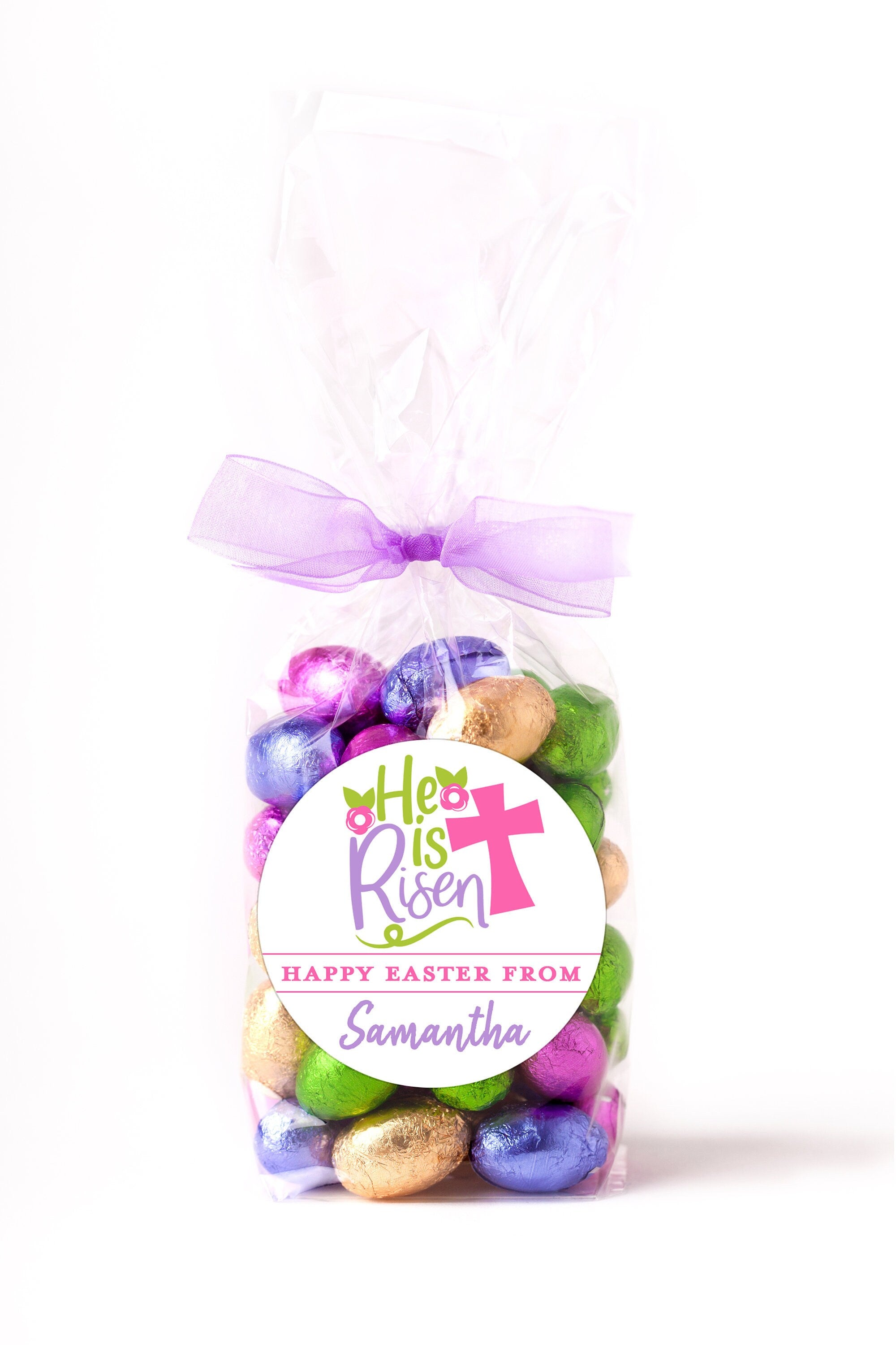 Easter Stickers, He Is Risen Pink, Personalized Easter Stickers, Kids Easter Treat Bags, Easter Labels for Favors, Easter Classroom