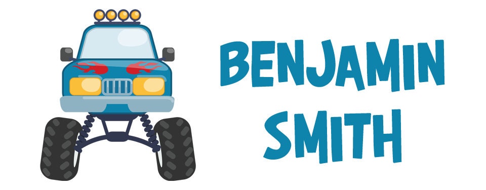 Personalized Monster Truck Kids Stickers, Back to School Vinyl Label, Child First Last Name