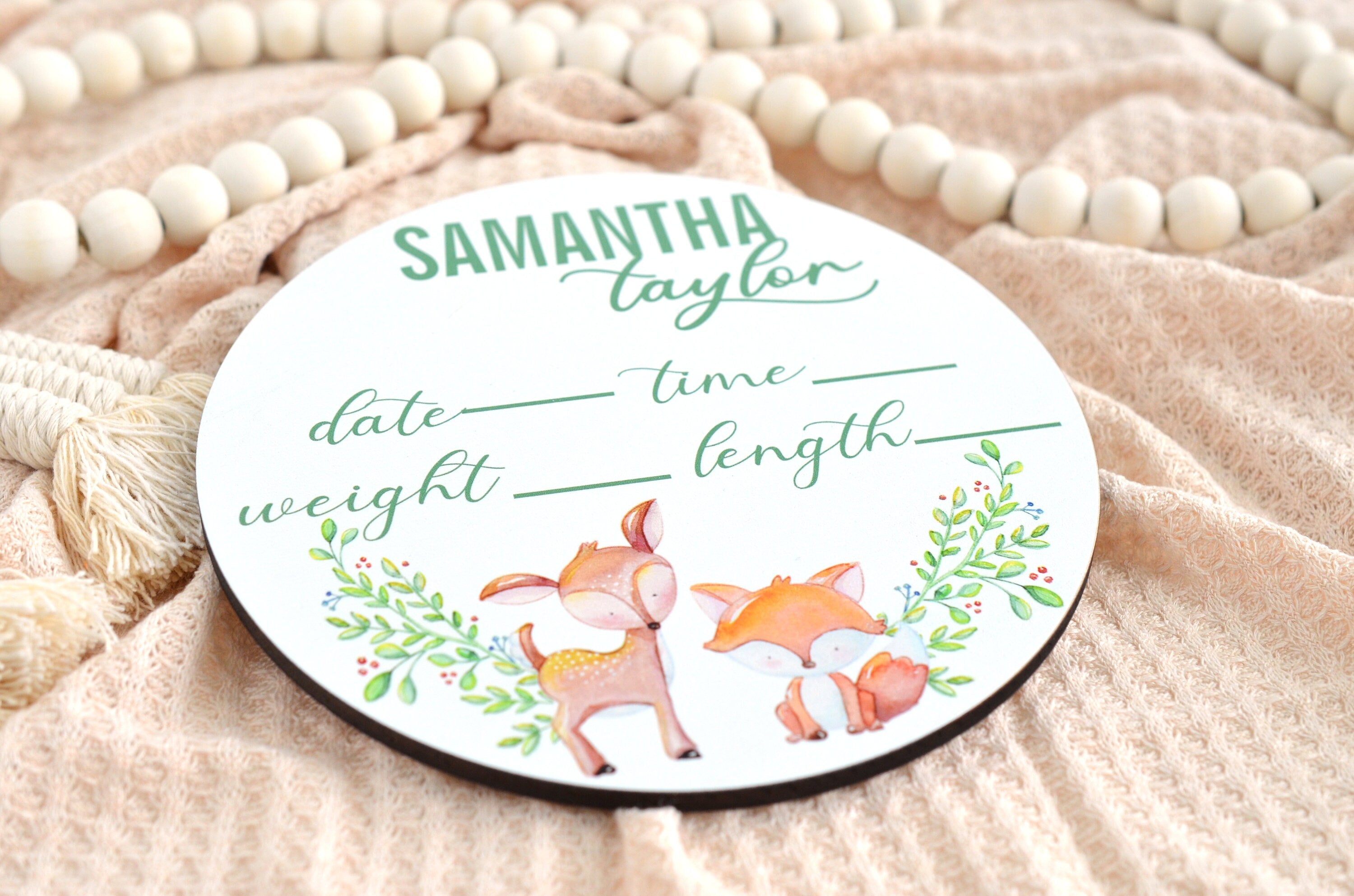 Deer & Fox Birth Announcement Sign for Hospital, Personalized Baby Sign with Birth Stat, Wooden Hospital Announcement Baby Name Sign