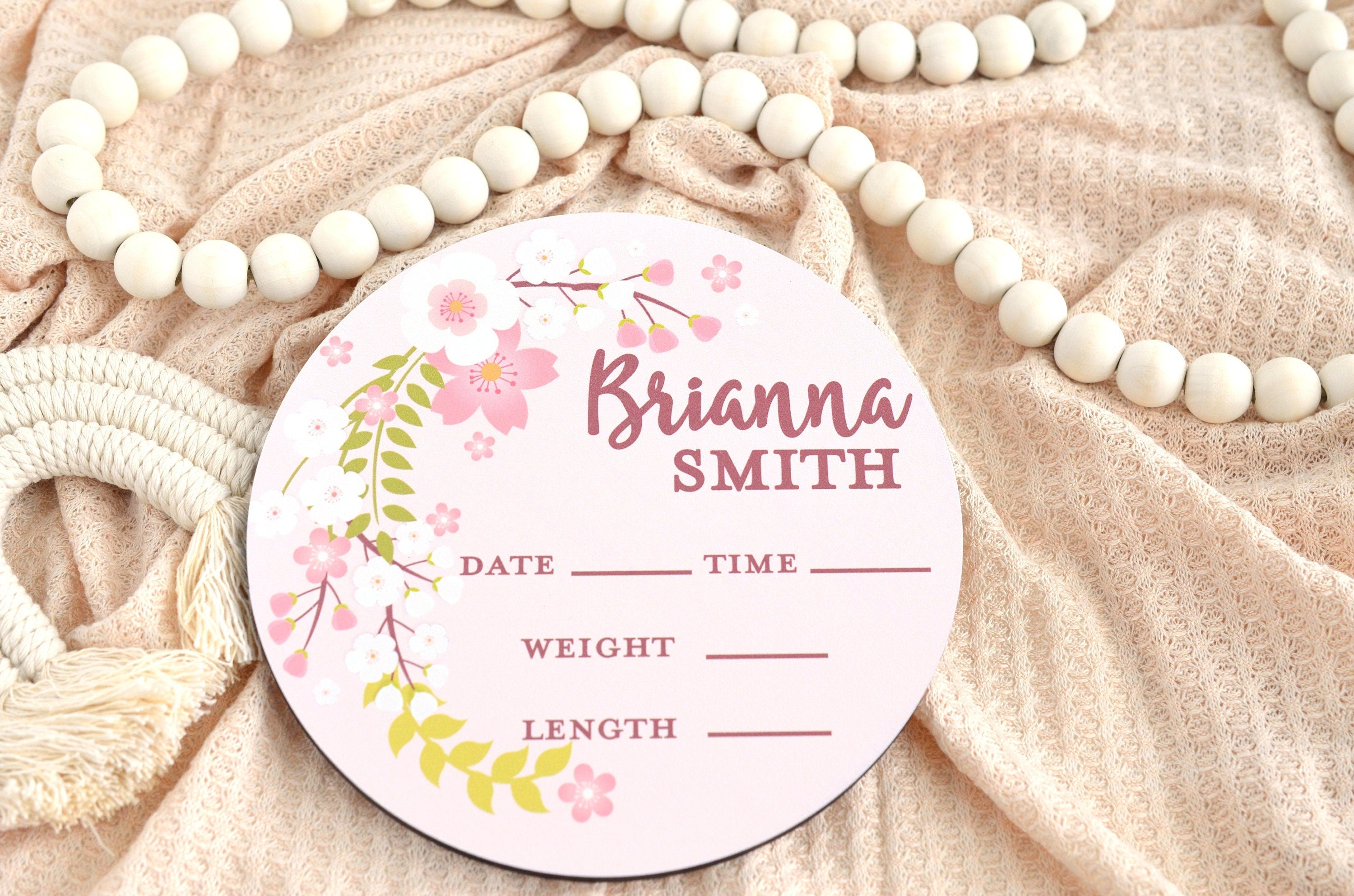 Cherry Blossom Birth Announcement Sign for Hospital, Personalized Baby Sign with Birth Stat, Wooden Hospital Announcement Baby Name Sign