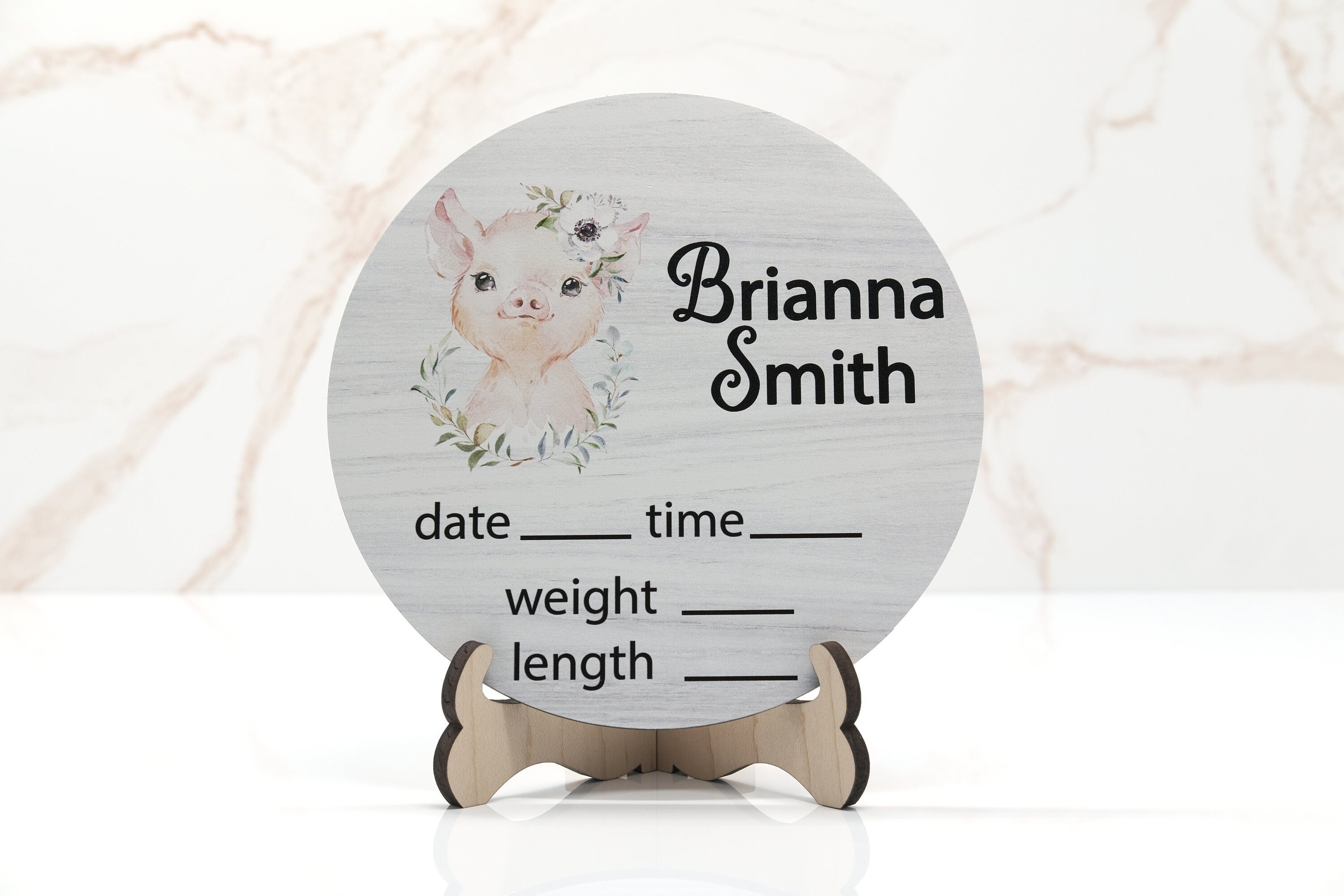 Flowers with Pig Birth Announcement Sign for Hospital, Personalized Baby Sign with Birth Stats, Wooden Hospital Announcement Baby Name