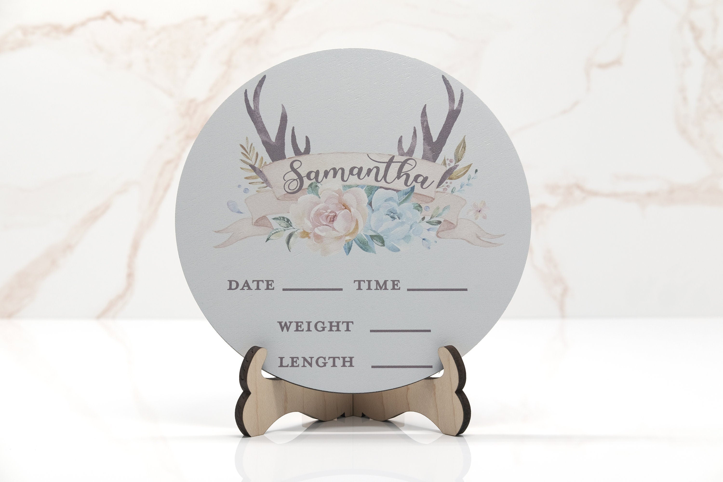 Flowers with Antlers Birth Announcement Sign for Hospital, Personalized Baby Sign with Birth Stats, Wooden Hospital Announcement Baby Name