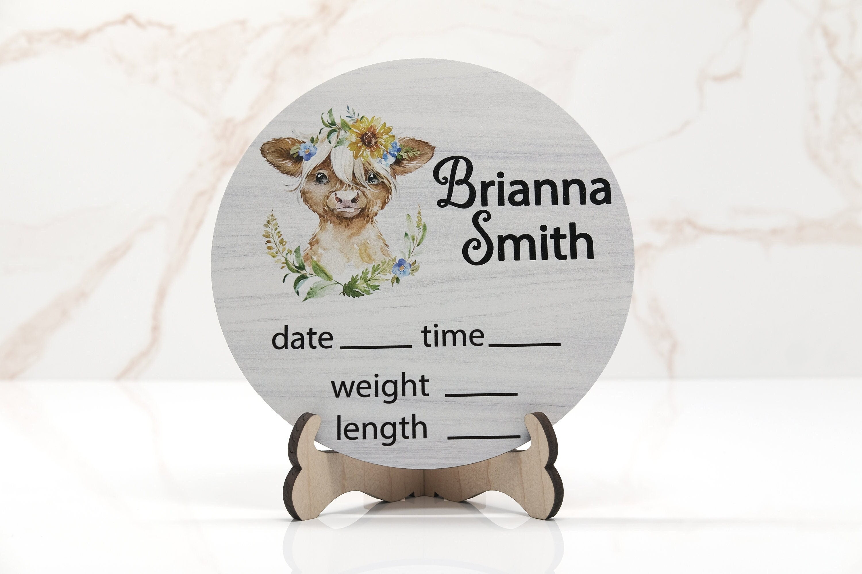 Flowers with Cow Birth Announcement Sign for Hospital, Personalized Baby Sign with Birth Stats, Wooden Hospital Announcement Baby Name