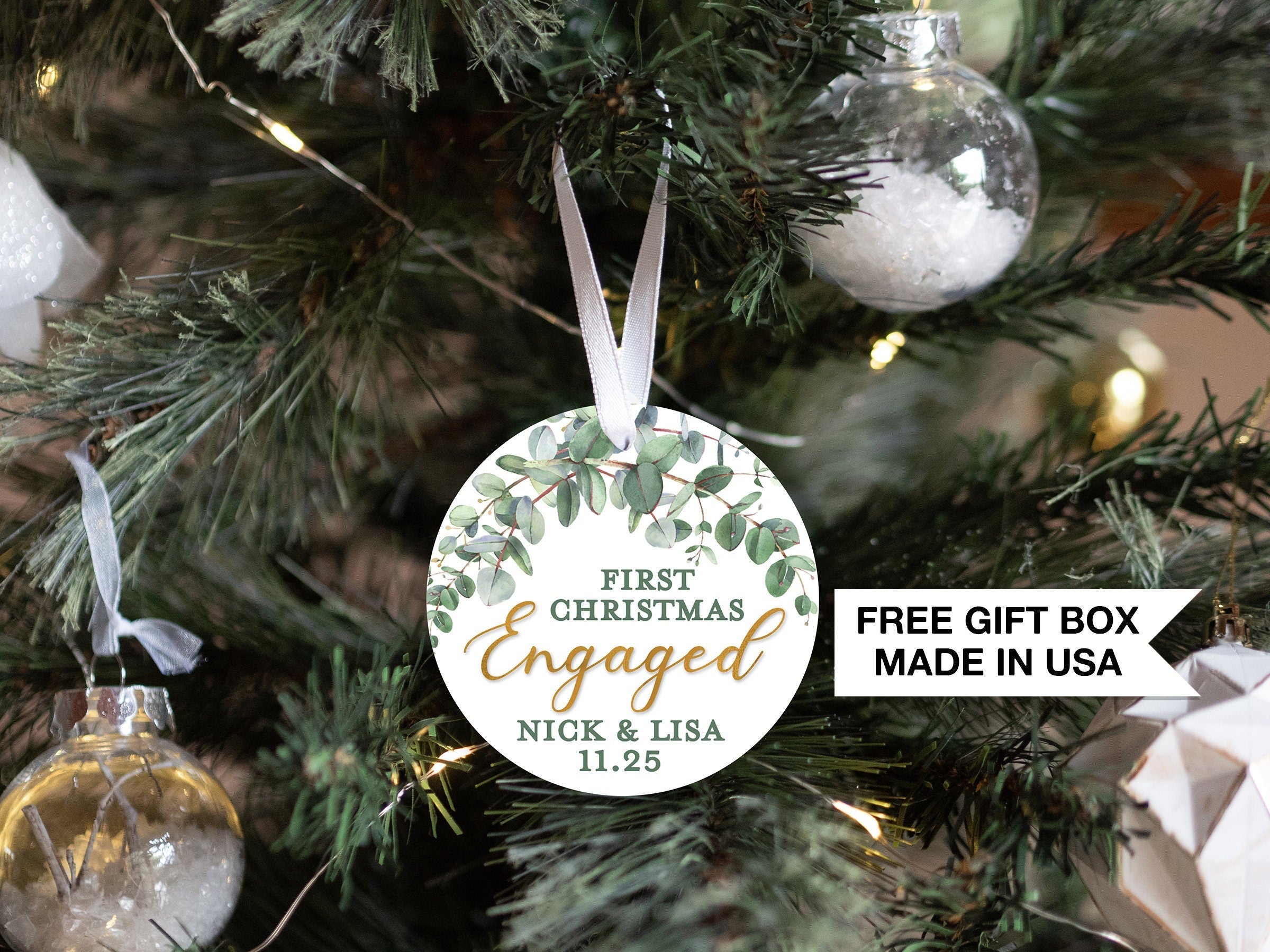 Personalized Engaged Christmas Ornament | Our First Christmas | Personalized Engagement Keepsake Ornament | First Christmas Engaged Greenery