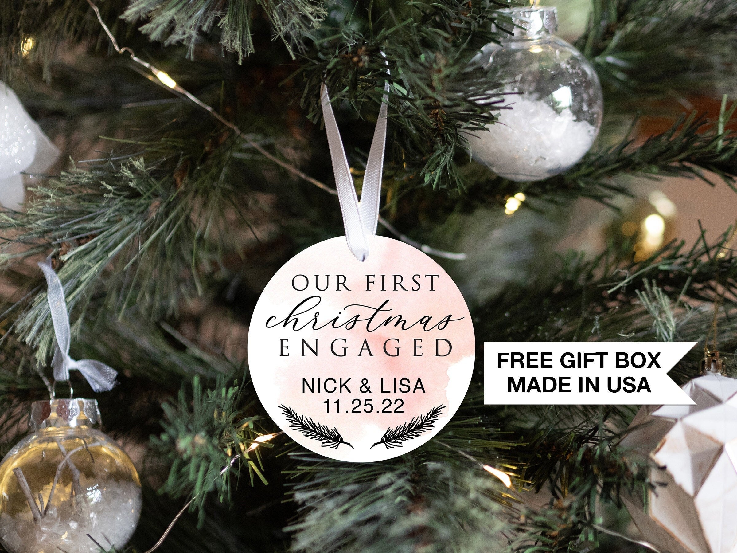 Personalized Engaged Christmas Ornament | Our First Christmas | Personalized Engagement Keepsake Ornament | First Christmas Engaged Pink