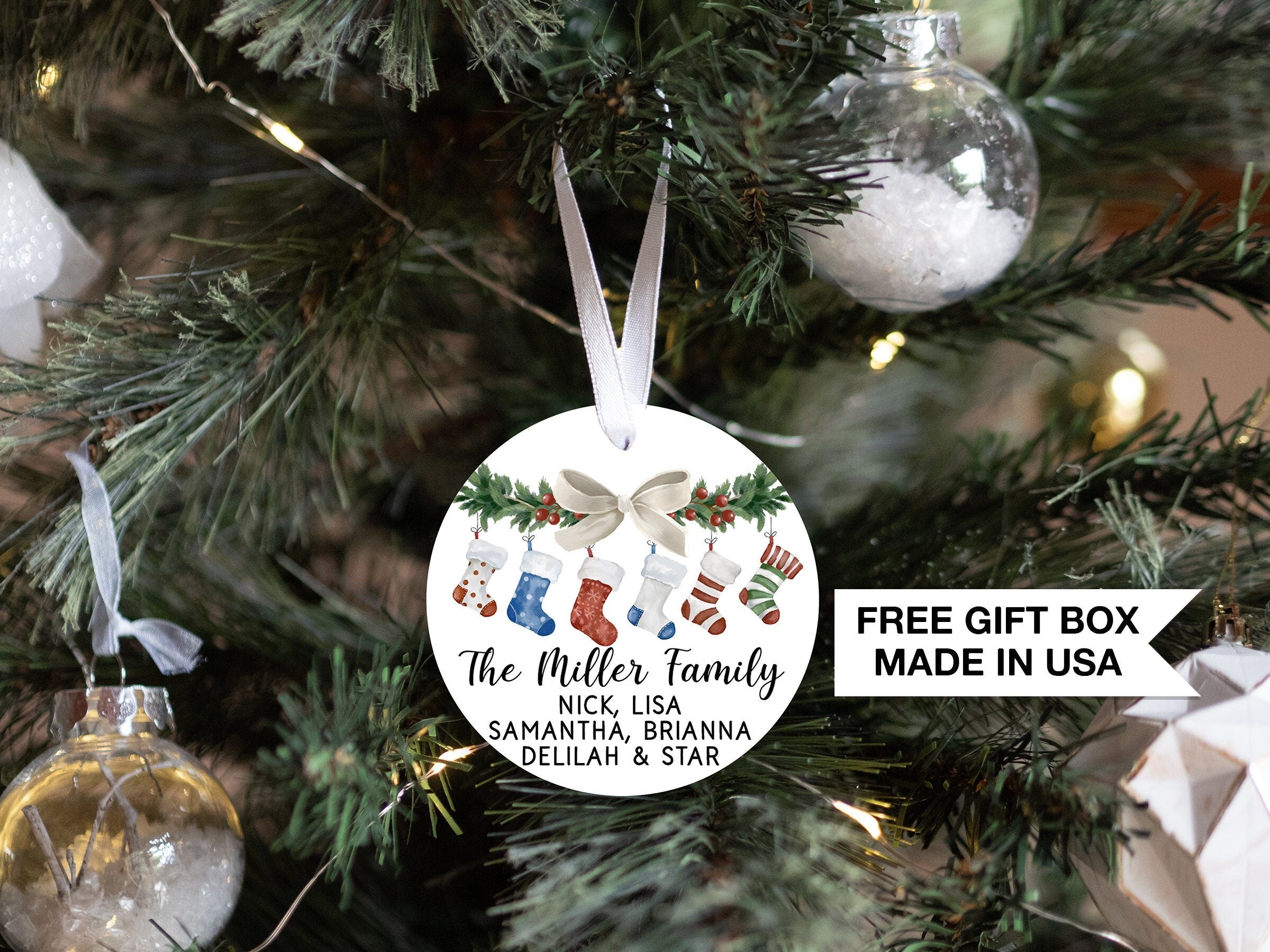 Personalized Family Stocking Christmas Ornament | Our Family Christmas |Personalized Family Keepsake Ornament |Watercolor Stockings Ornament