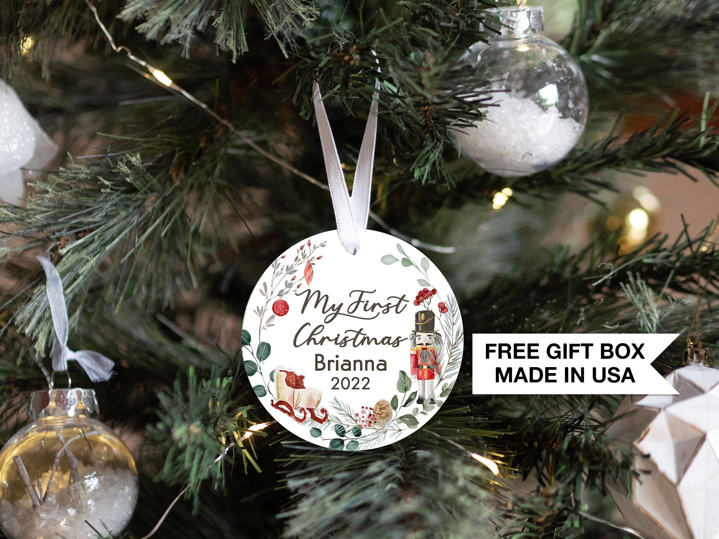 Personalized Wooden Soldier Wreath Baby's 1st Christmas Ornament| Baby First Wreath Christmas | Personalized Baby Christmas Ornament