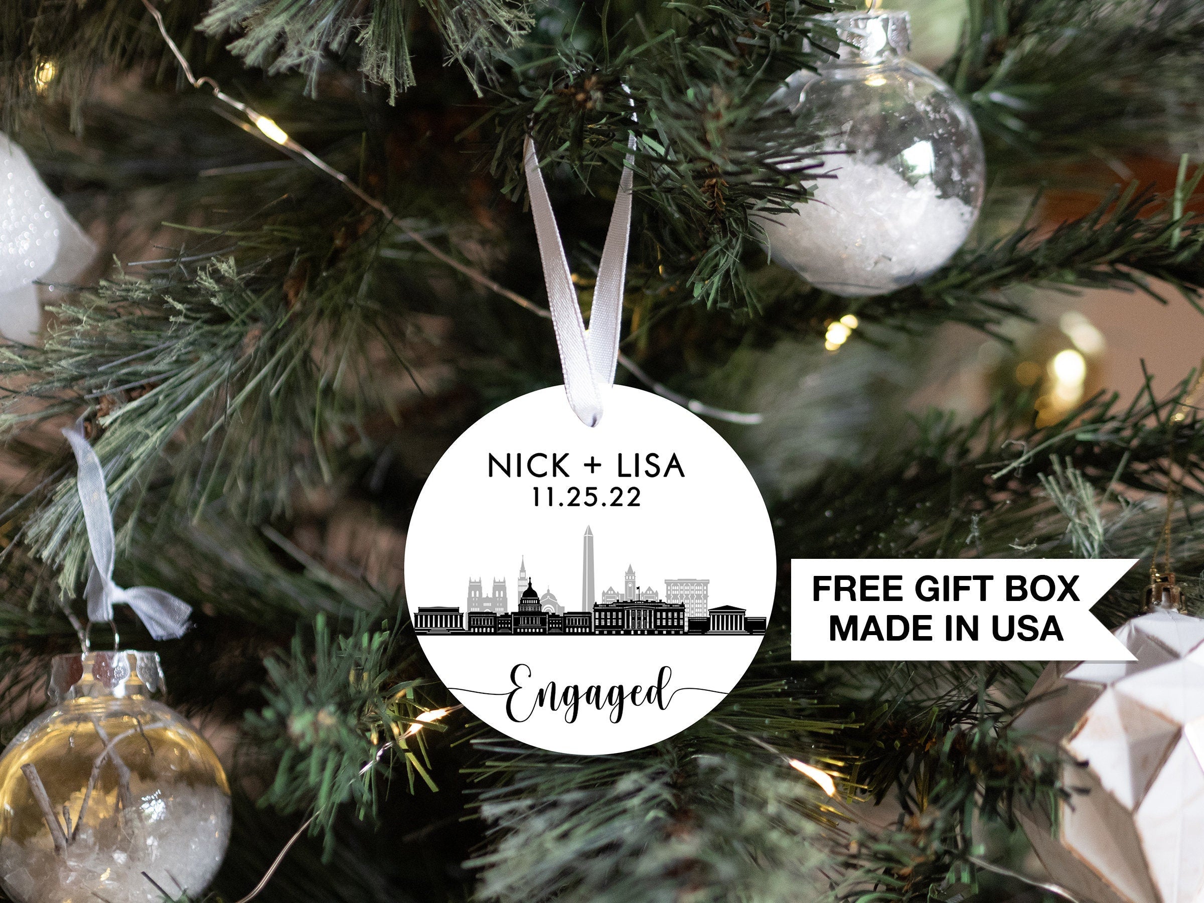 Personalized Engaged Christmas Ornament Washington DC Skyline | Our First Christmas | Engagement Keepsake Ornament | DC Christmas Engaged