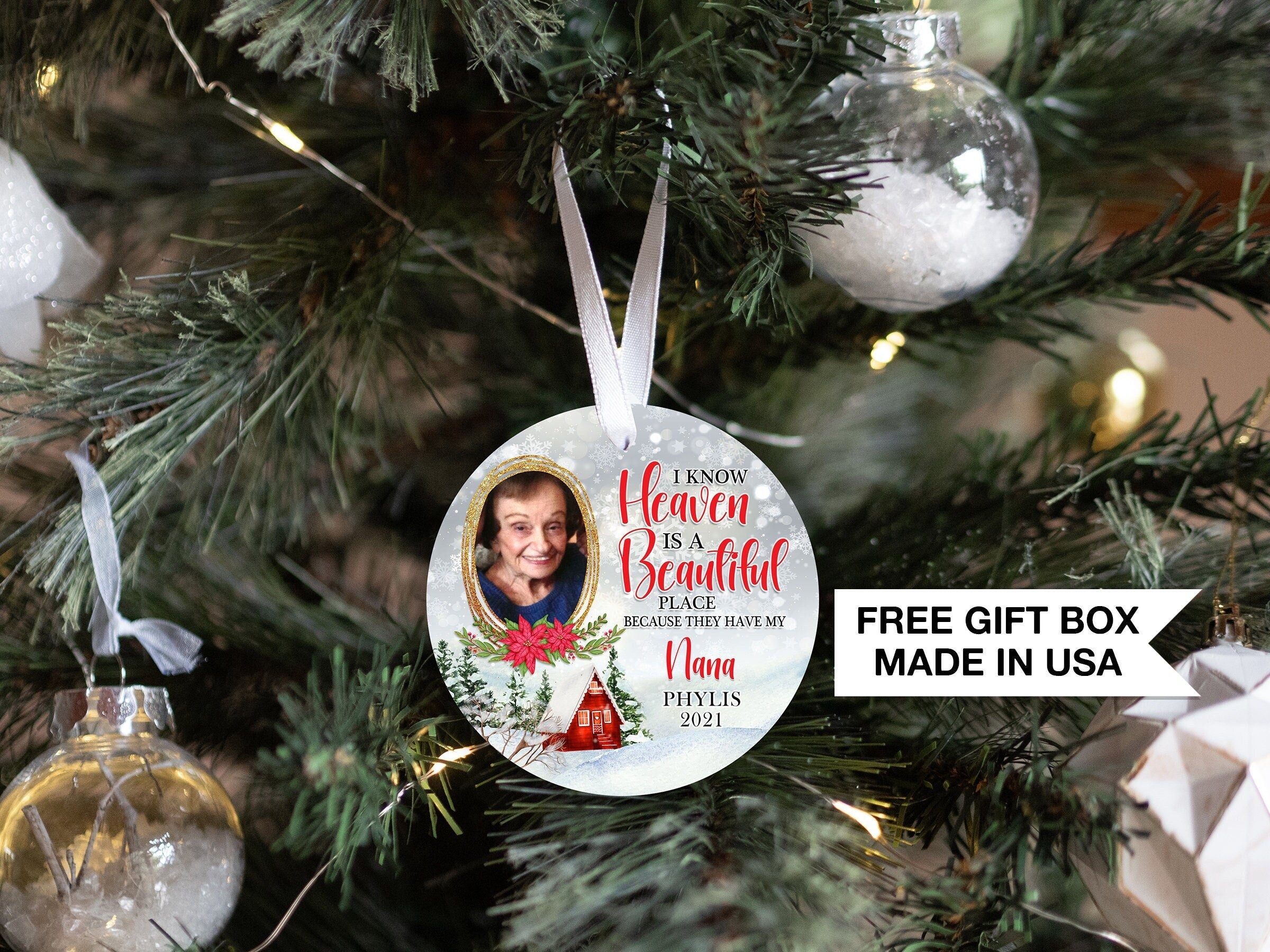 Personalized Memorial Christmas Ornament | In Loving Memory Custom Photo Ornament | Loss of Loved One Grandparents Grandmother Mom Dad Nana