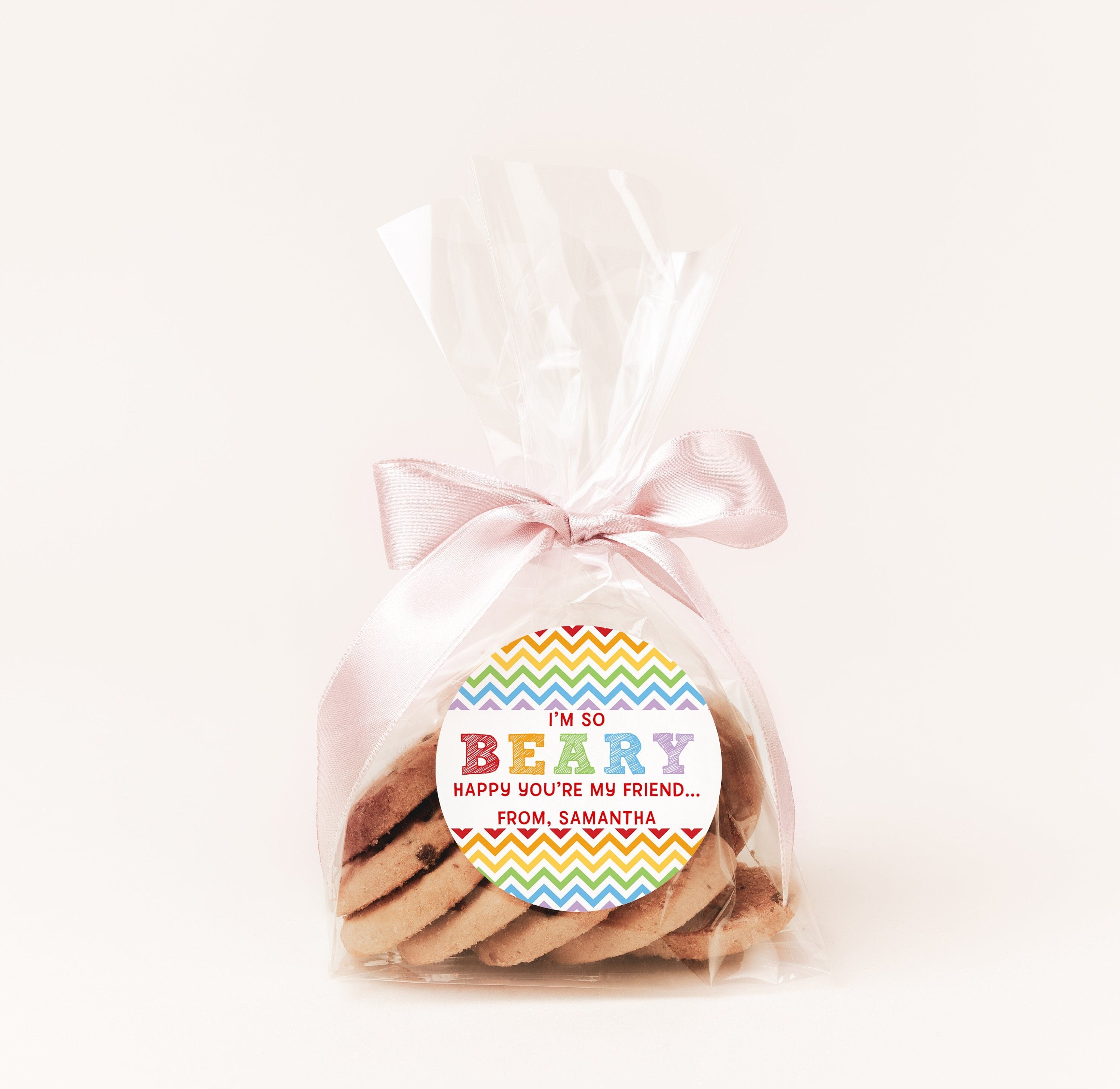 I'm BEARY Happy You're My Friend Valentine's Day Stickers - Personalized Valentine Round Sticker Labels - Classroom Valentines for School
