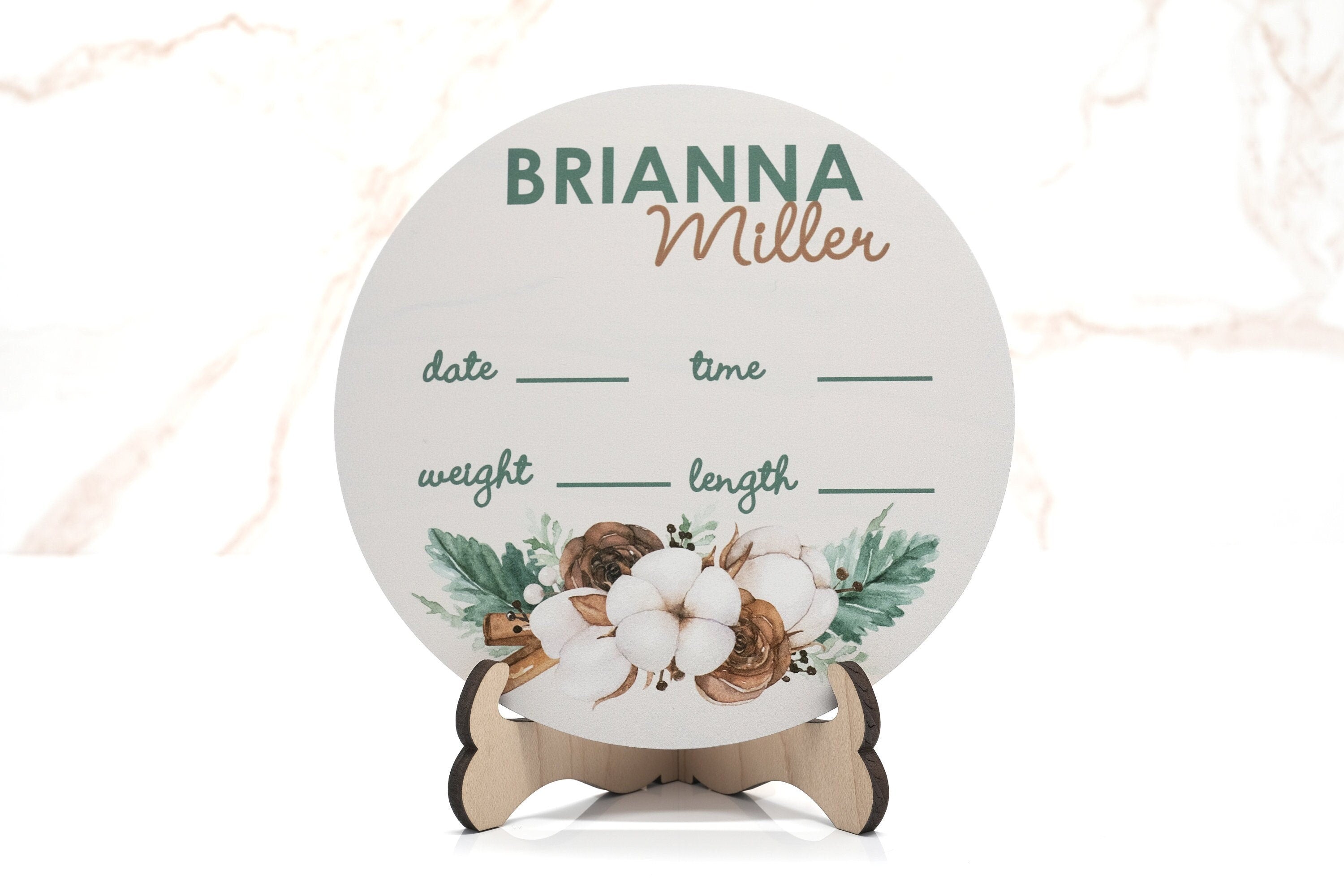 Cotton Watercolor Birth Announcement Sign for Hospital, Personalized Baby Sign with Birth Stats, Wooden Hospital Announcement Baby Name
