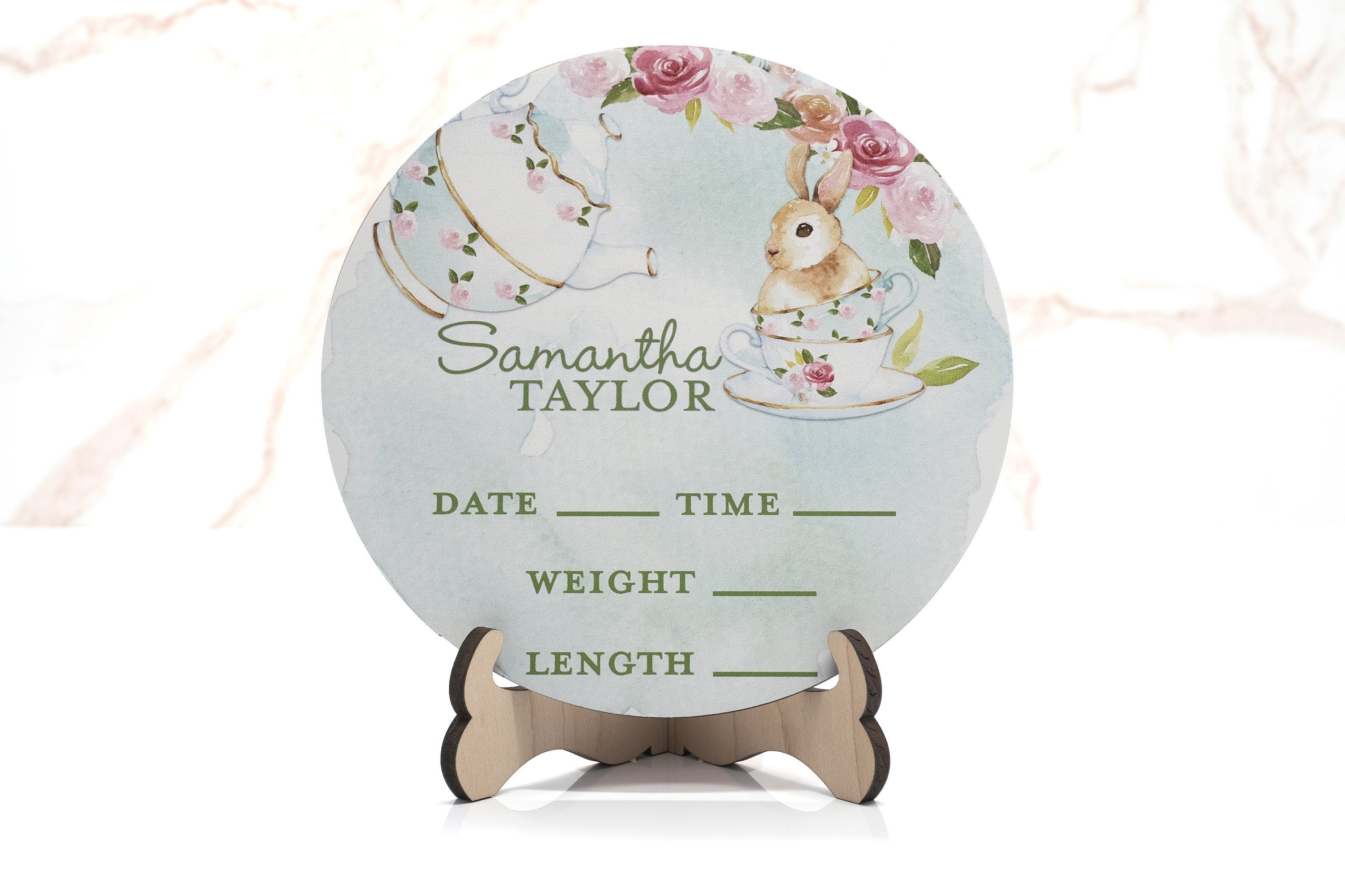 Teapot Rabbit Birth Announcement Sign for Hospital, Personalized Baby Sign with Birth Stats, Wooden Hospital Announcement Baby Name