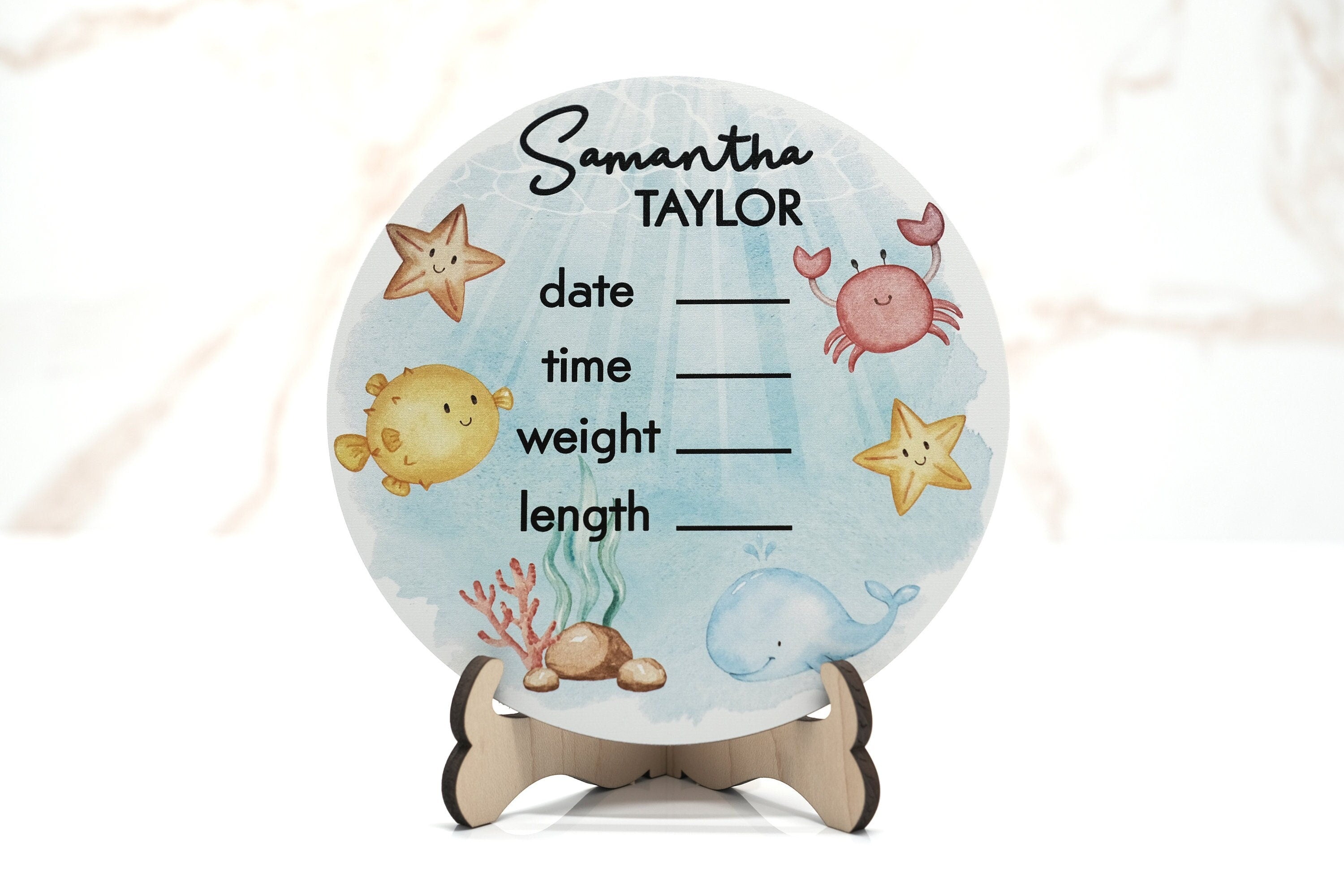 Under the Sea Watercolor Birth Announcement Sign for Hospital, Personalized Baby Sign with Birth Stats, Wooden Hospital Announcement Baby