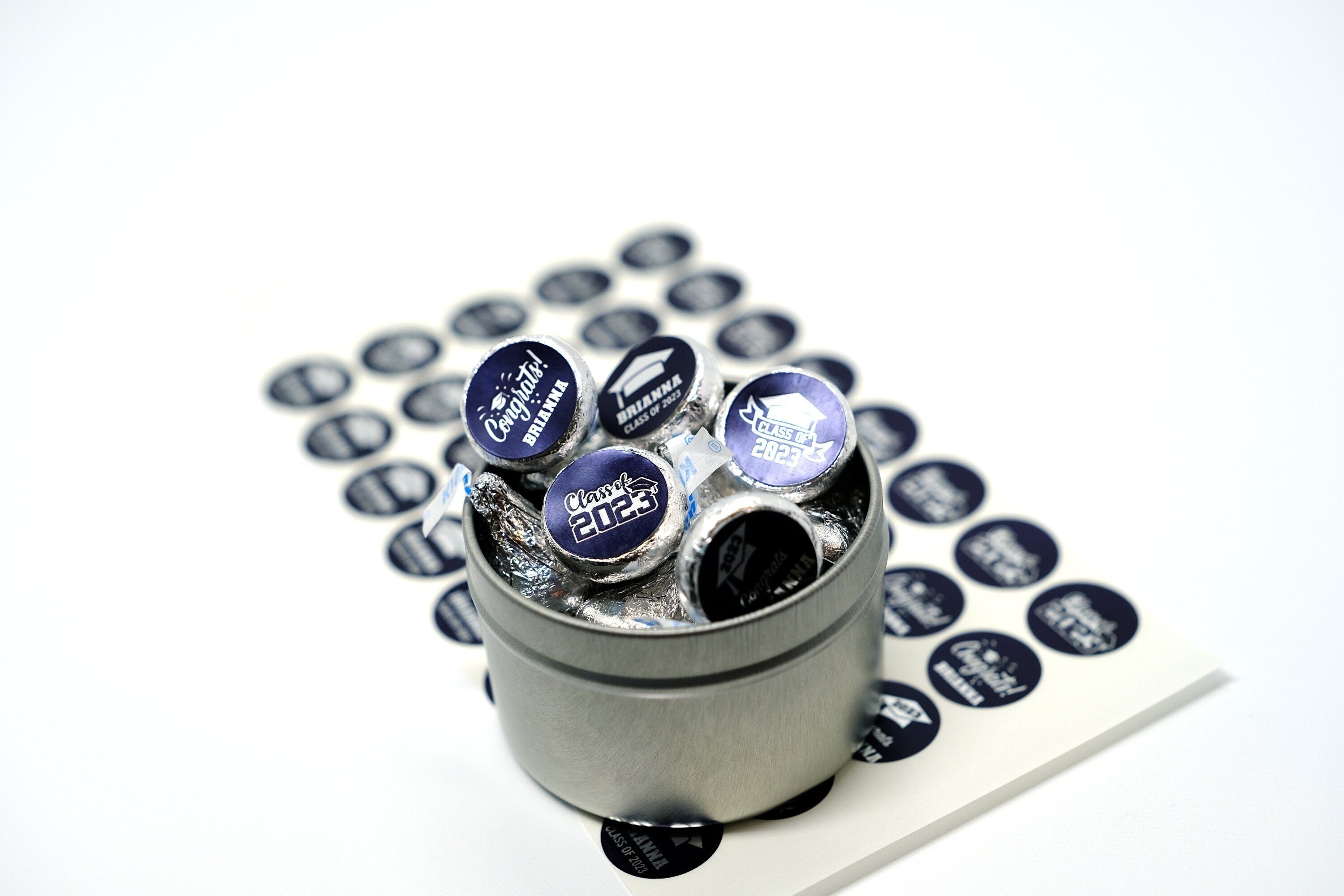 Personalized Graduation Stickers, Silver & Blue Foil Labels, Chocolate Candy Grad Favors