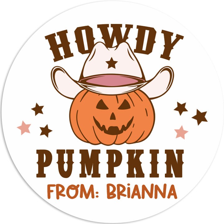 Howdy Pumpkin Personalized Halloween Sticker, Custom Halloween Stickers, Kids Halloween Favor Stickers, Western Halloween Stickers for School