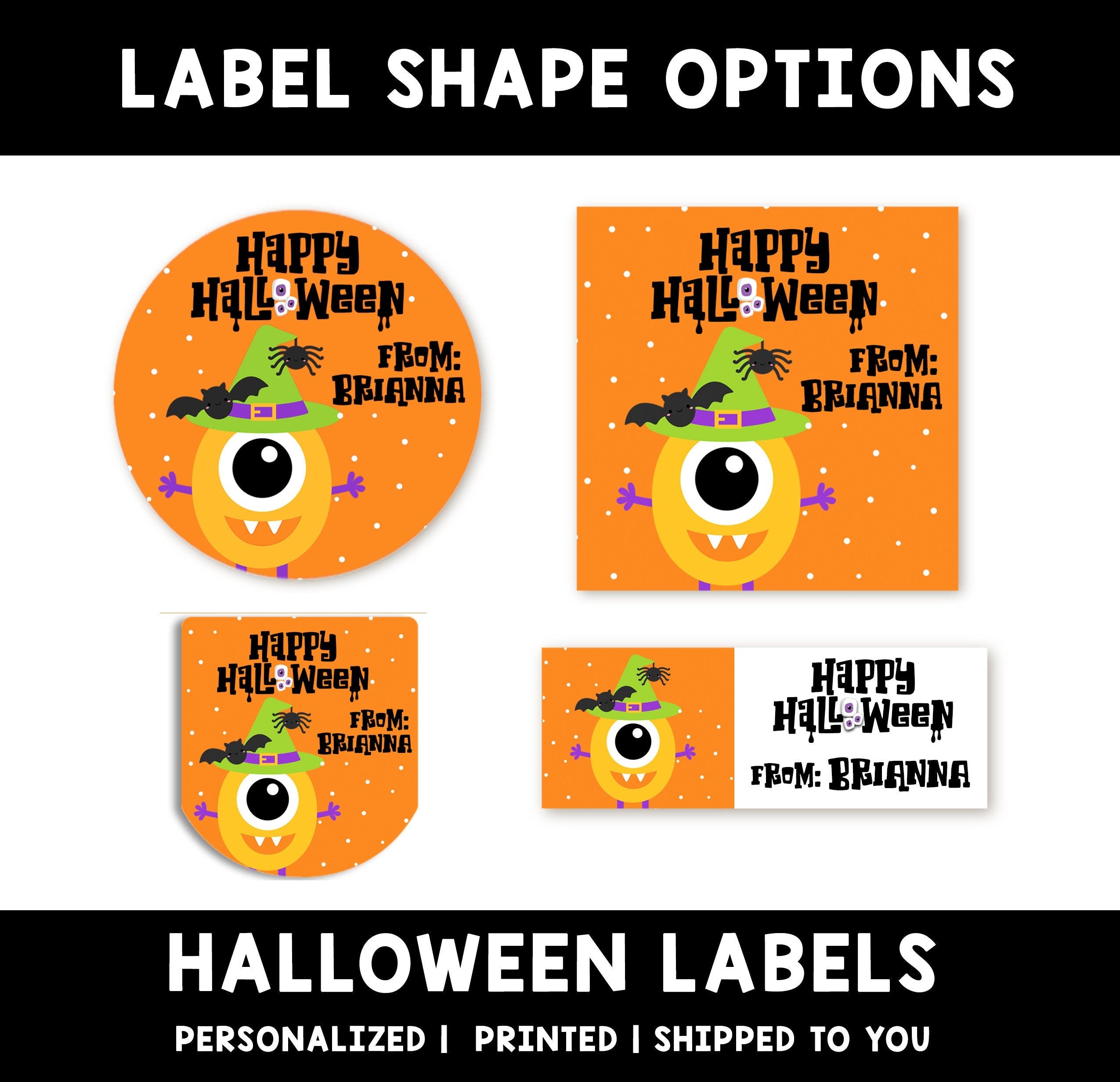 Orange Monster Personalized Halloween Sticker, Custom Halloween Stickers, Kids Halloween Favor Stickers, Cute Halloween Stickers for School