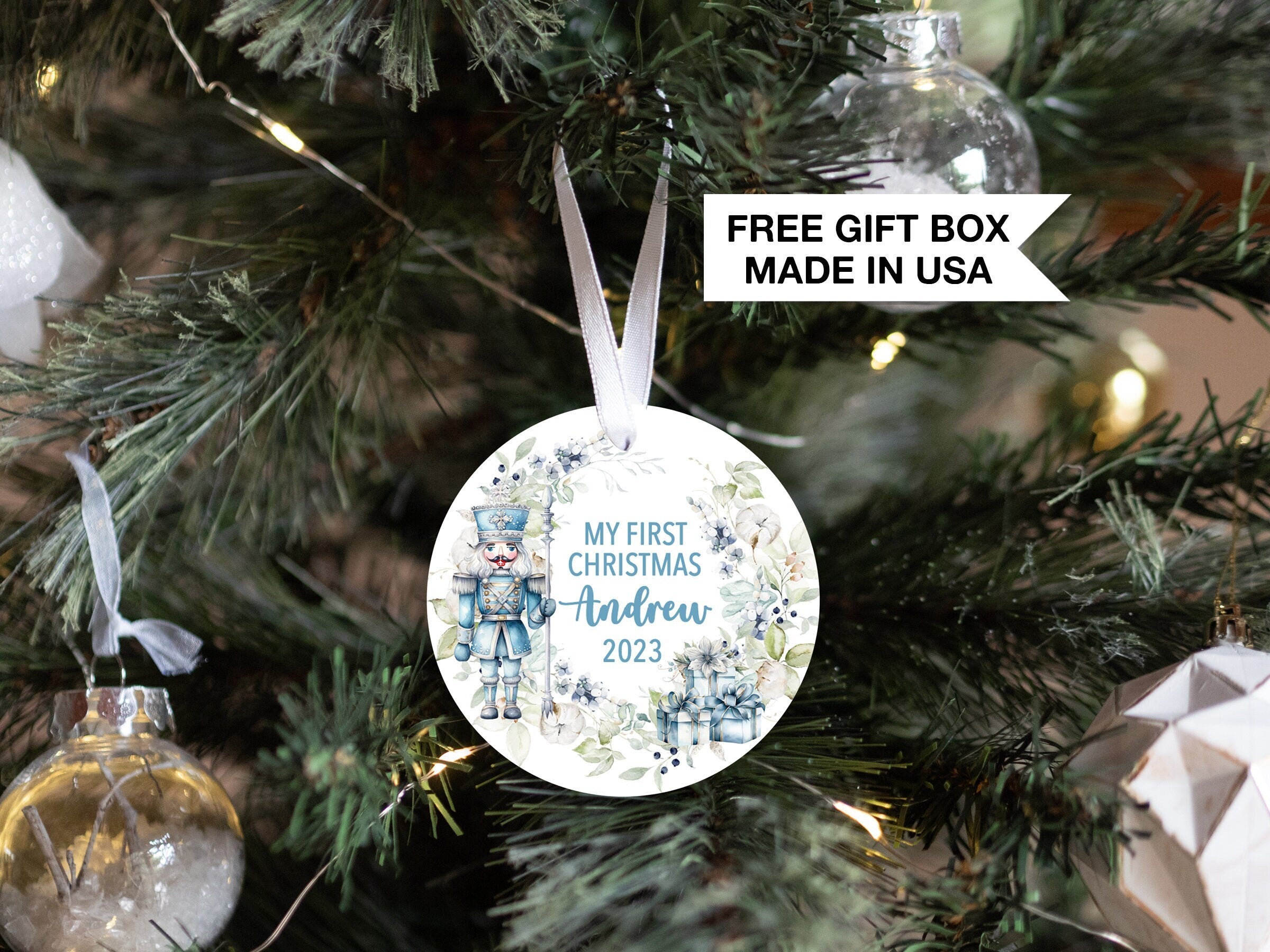 Nutcracker Baby Boy 1st Christmas Ornament | Baby First Christmas Blue | Personalized Baby Christmas Ornament | Watercolor Nutcracker Gift