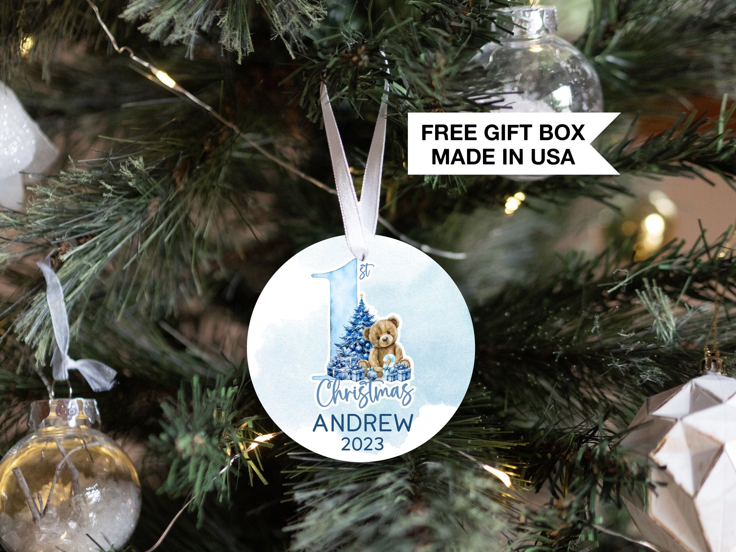 Personalized Teddy Bear Baby's 1st Christmas Ornament| Baby First Christmas | Personalized Baby Christmas Ornament | Watercolor Bear Gift