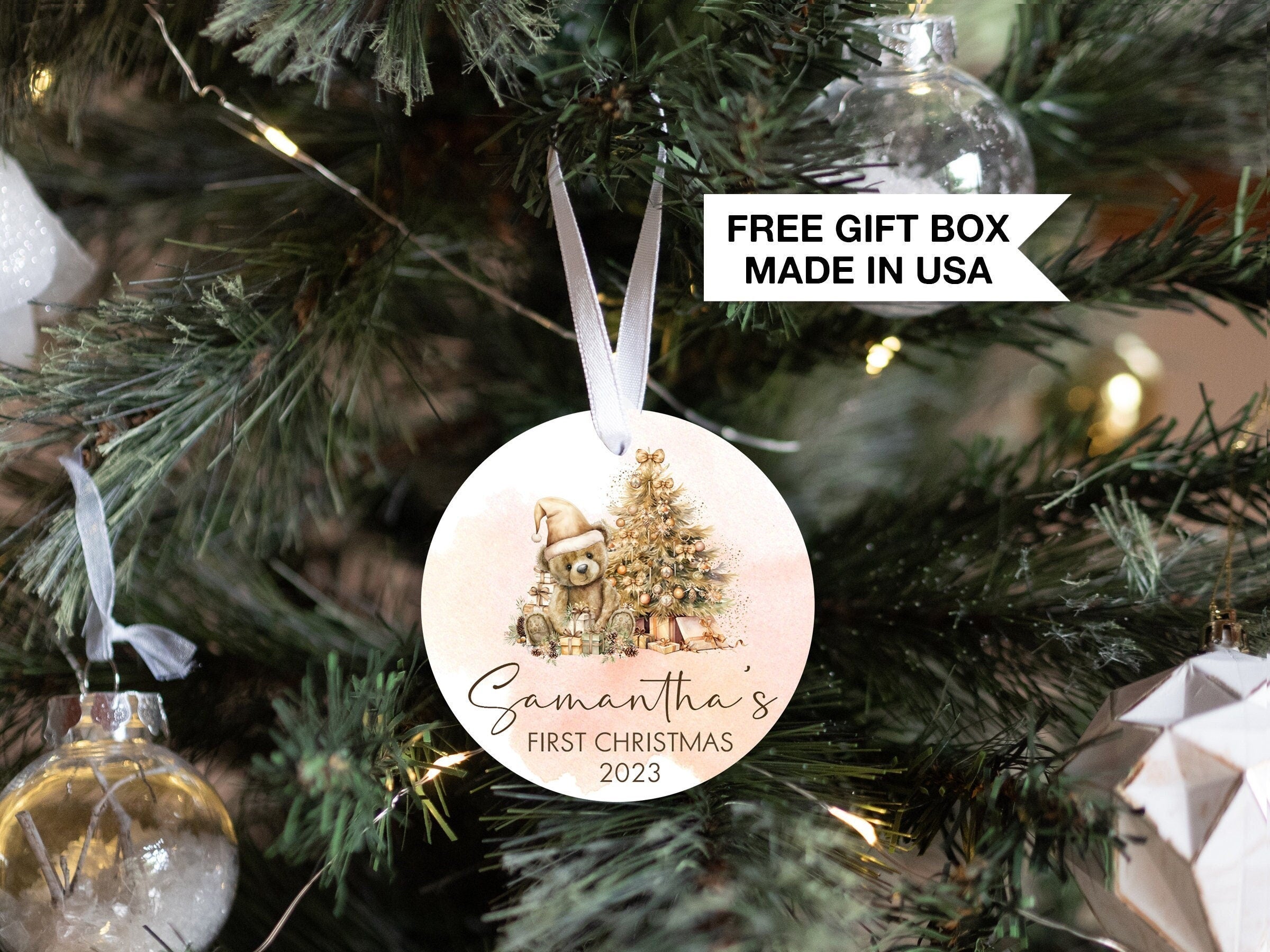 Teddy Bear Gold Baby's 1st Christmas Ornament | Baby First Christmas | Personalized Baby Christmas Ornament | Watercolor Teddy Bear Gift